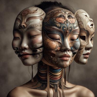 The image features three faces wearing masks, with each face having a different design. The masks are intricately crafted, showcasing the artistic skill of the creator. The faces are positioned close to each other, with one face on the left, another in the center, and the third on the right. The masks are the primary subject of the image, and the setting is a close-up of the faces, emphasizing the details of the masks. The visual style is a combination of photo and